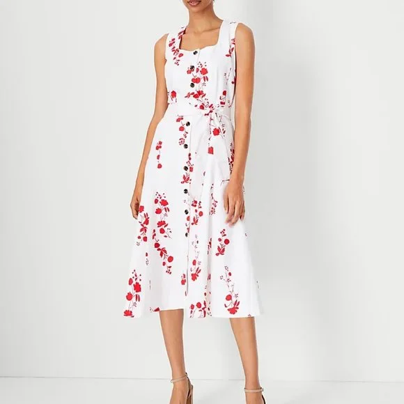 Ann Taylor Floral Button Flare Dress